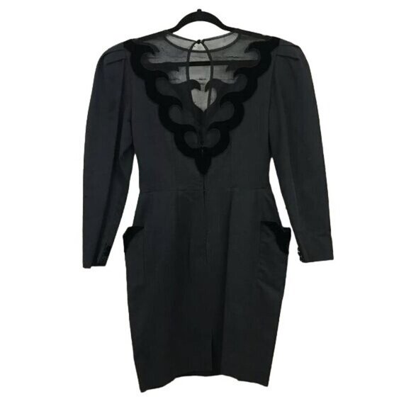 Isabel Allard Size 12 1980s Velvet Trim Puff Sleeve Tulip Dress Semi Sheer - Picture 8 of 8